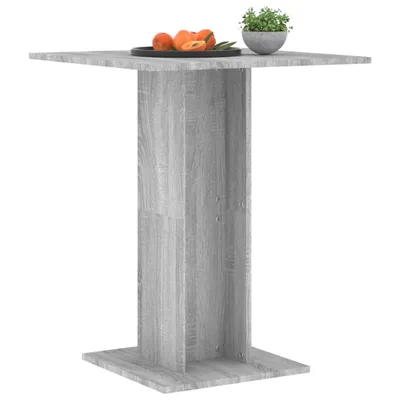 A grey wooden bar table with a square top and a rectangular pedestal base.