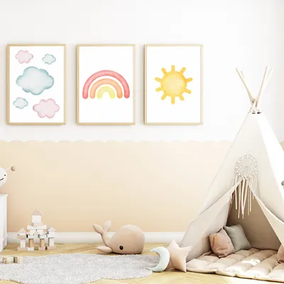 Produktbild von Farbenfrohe Wolken Regenbogen Sonne 3er Set Kinderzimmer Bilder DIN A4 Wandbilder Deko Babyzimmer Poster