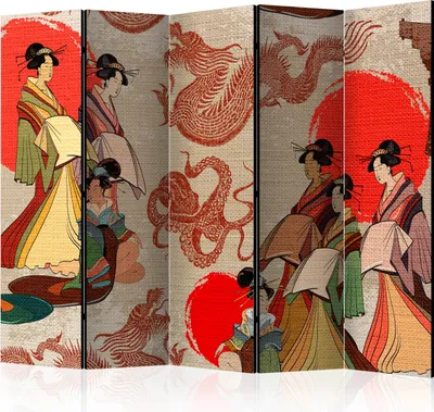 Produktbild von 5-teiliger Einseitiger Vlies Paravent - Geishas II 225x172 cm Orient p-B-0048-z-c