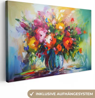 Produktbild von MuchoWow® - Leinwandbilder - Blumen - Bunt - Blumentopf - Ölgemälde, Wandbild, Wanddeko Bilder Wohnzimmer, 60x40cm
