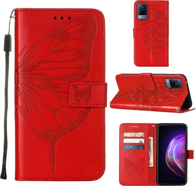 Produktbild von VIVO V21 5G Hülle, Schmetterling Prägung Flip Leder Kartenfächer Schutzhülle Ledertasche mit Ständer für VIVO V21 5G / 4G Rot