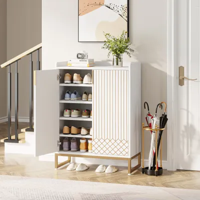 Produktbild von Tribesigns Schuhschrank mit 2 Türen, 75x35x105cm, Schuhregal Schuhkommode für 25 Paare, Schuhschrank weiß mit goldenem Metallrahmen, Schrank Flur Weiß