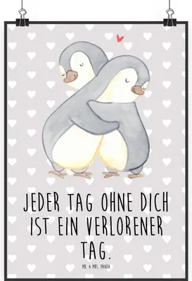 Produktbild von Mr. & Mrs. Panda Bild Pinguine Kuscheln DIN A1 - Grau Pastell - Geschenk, für Freundin, Wandbild, drucke, Hochzeitstag, Plakat, wanddeko, Liebesbeweis, Valentinstag