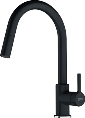 A black kitchen faucet with a pull-down sprayer.