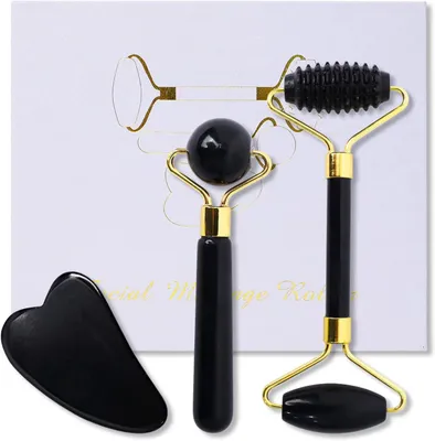 Produktbild von Jade-Rollen- und Gua-Sha-Stein-Set – 3-teiliges Set: Natürlicher Obsidian-Gesichtsroller, Gua-Sha-Stein für Gesichtsmassage, Jade-Roller für die Augen
