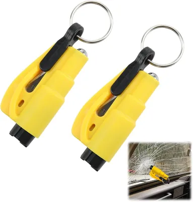 Productafbeelding van INF 2-pack ABS auto ruitbreker met noodfluitje - mini vluchthamer sleutelhanger voor snelle voertuigontsnapping Geel