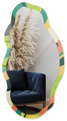 Produktbild von Dekorativer Wandspiegel mit Print, organische asymmetrische Form, 90x45 cm, moderner Designspiegel für Wohnzimmer, Flur und Schlafzimmer - Abstraktion der Farbe, KI-generiertes Bild
