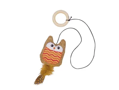 Produktbild von Kork Eule mit Catnip, mit Holzring, orange