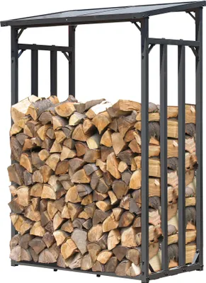 A metal firewood rack filled with logs, under a transparent roof.
