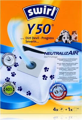Packaging for Swirl Y50 vacuum cleaner bags, featuring images of pets.