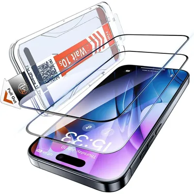 Produktbild von Displayschutzfolie für iPhone 15 Pro, Panzerglas, 2 Stück, Transparent, 9H Härte, Stoßfest, Kratzfest, Anti-Fingerabdruck, Hüllenkompatibel