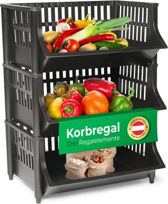 Produktbild von Novaliv 3 Stück Korbregal Schwarz Steckregal Stapelbar & Erweiterbar, Regale für Vorratsraum, Lebensmittelregal, Obstregal Keller Aufbewahrungssystem, Apfelregal, Stapelkorb, Stapelregal Kunststoff