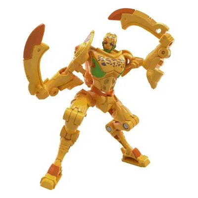 A yellow robot action figure with green and purple accents, posed dynamically against a white background.