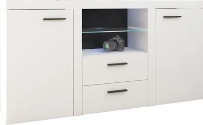 Produktbild von Masseno Kommode RITMO 156 cm Sideboard mit 2 Schubladen und 2 Türen für Wohnzimmer Schlafzimmer Modern 156x40x82 cm Weiß / Weiß