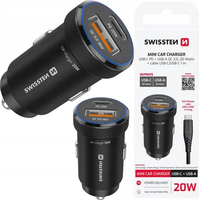 Zdjęcie produktu dla Ładowarka Samochodowa Swissten 1x Usb-c Pd + 1x Usb-a Qc 20w + Kabel Usb-c