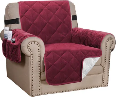 Produktbild von (1 Seater, Weinrot) Sofabezug Gesteppter dicker Samtplüsch-Couchbezug für Sessel Schonbezug Schutz vor Haustieren Hunde, rutschfest zwei elastische Riemen an Rücken und Basis