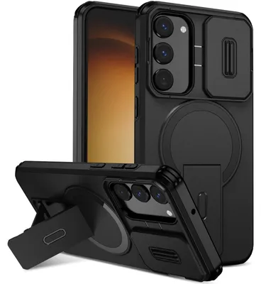 Image de Étui magnétique pour Samsung Galaxy S23+, étui durable à deux couches avec protection coulissante de l'appareil photo et support réglable Noir