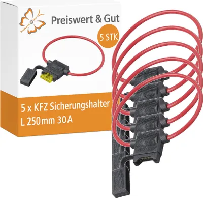 Produktbild von 5 x KFZ Sicherungshalter 12V für Radio Feinsicherungshalter L 250 mm Flachsicherungs Halter 30A mit Überspannungsschutz