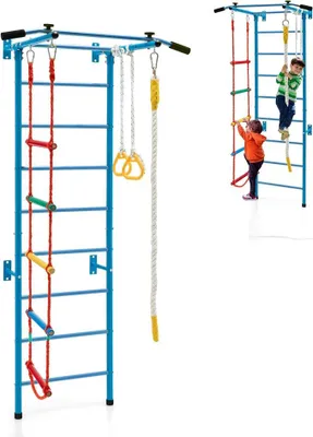 Imagen del producto de Estructura de escalada interior, 5 en 1, con barra de dominadas, aros de gimnasia, escalera de cuerda, cuerda de escalada y pared de escalada metálica para adultos y niños. Equipo deportivo con capacidad de carga de 100 kg (azul)