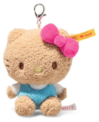Produktbild von Steiff Hello Kitty Anhänger 10cm, Plüsch Schlüsselanhänger mit Karabinerhaken, Hello Kitty mit Kleid blau-weiß, Taschenanhänger & Geschenkidee, waschmaschinenfest