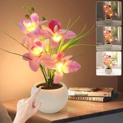Produktbild von Blume Lampe, Künstliche Blumen-Nachtlampe, Stufenlos dimmbar per Touch, Wiederaufladbar, Rosa Orchideenblume mit Vase, LED-Tischleuchte für dekorative