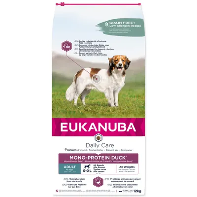 A bag of Eukanuba dog food with a dog pictured on it.