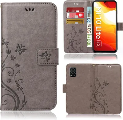 Produktbild von Handy Tasche für Xiaomi Mi 10 lite Schutz Hülle Handyhülle mit Blumenmuster Klapp Hülle mit Standfunktion und Kartenfächer Grau