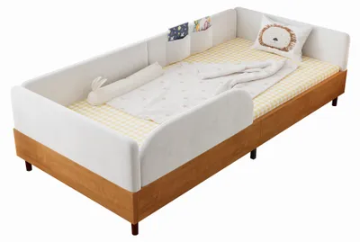 Produktbild von Kinderbett mit Lattenrost, 2 Taschen und Rausfallschutz, Polsterbett, 90x200 cm, Einzelbett, Samt