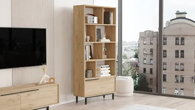 Produktbild von Skye Decor, Hochwertiges Bücherregal, Walnuss, 83,9 x 175,6 x 29,5 cm | 100% melaminbeschichtete Spanplatte, 18 mm dick | Metallbeine, modernes Design für stilvolle Wohnräume.