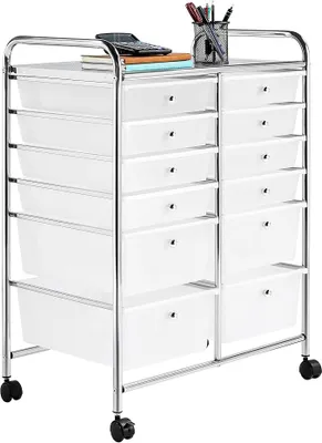 Produktbild von Küchenwagen auf Rollen, Rollwagen Küchenrollwagen mit 12 stapelbaren Schubladen, Servierwagen Allzweckwagen für Bad, Küche, Büro, Kosmetik, 63 × 38,5 × 82 cm, Weiß
