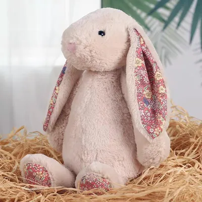 Immagine prodotto di Coniglietto di peluche 35 cm beige – Peluche a forma di coniglio con orecchie a forma di fiore, coniglietto pasquale di peluche per neonati e bambini