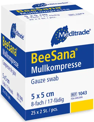 Produktbild von Meditrade BeeSana® - Mullkompresse ohne RöKo, steril - 8-fach, 5x5 cm - 25 x 2 Stück