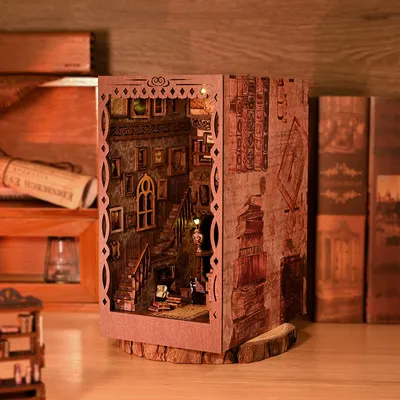 Produktbild von （Der Traum der Gelehrten）DIY Book Nook Kit – DIY Puppenhäuser Miniatur Haus Kit mit Möbeln und LED-Licht, 3D Puzzle Buchstützen aus Holz, Modellbausätze für Erwachsene zum Bauen
