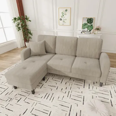 Produktbild von Merax L-Form Ecksofa mit Chaiselongue, 3-Sitzer Sofa mit Samt-Cord und Massivholzrahmen, modulares Wohnzimmersofa mit Kunststoffbeine, Grau