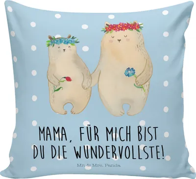 Produktbild von Mr. & Mrs. Panda Couchkissen Bären mit Blumenkranz - Blau Pastell - Geschenk, Familie, Mama, Kissen 40x40, Sofa, Dekokissen, Lieblingsmensch, kuschelkissen, Muttertag