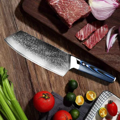 Immagine prodotto di Il coltello blu Il coltello blu Coltello da macellaio e mannaia molto affilato in acciaio damasco