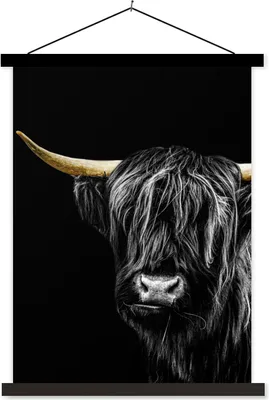 Produktbild von MuchoWow® Textilposter Schottisches Hochlandrind - Horn - Gold 60x80 cm mit schwarzem Rahmen - Plakathalter