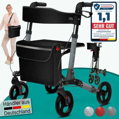 Produktbild von ELONEO Rollator faltbar und leicht mit Sitz, Leichtgewicht-Reiserollator aus Aluminium, Gehhilfe 8-fach höhenverstellbar, Laufhilfe faltbar, Anthrazit