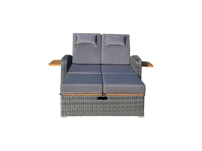 A grey outdoor sofa with grey cushions and wooden armrests, presented on a white background.