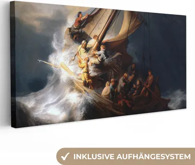 Zdjęcie produktu dla MuchoWow® - Obraz na płótnie - Burza na Jeziorze Galilejskim - Rembrandt van Rijn, fototapeta, dekoracja ścienna, obrazy do salonu, 80x40cm