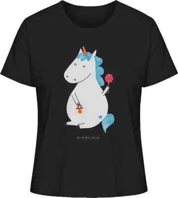 Produktbild von Mr. & Mrs. Panda Damen Kurzarmshirt Einhorn Baby Größe XL - Schwarz - Geschenk, Geburt, Sommershirt, shirt, Bio T-Shirt, Unicorn, Damenshirt, Oberteil, Einhörner