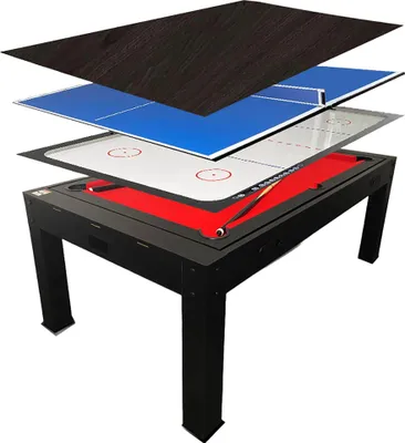 An exploded view of a multi-game table, showing its different layers.