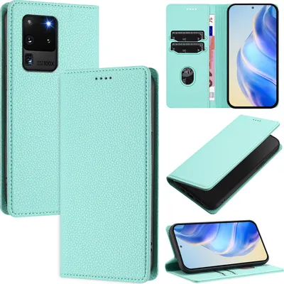 Produktbild von Litchi Leder Handyhülle für Samsung Galaxy S20 Ultra Wallet Kartenfächer Standfunktion Hülle Türkis