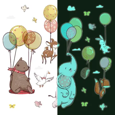 Produktbild von Leuchtsticker – Tiere und Ballons in der Luft – Fluoreszierender Wand-/Deckensticker für Kinder – 160 x 120 cm