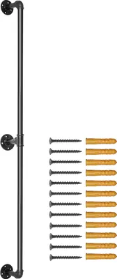 A black metal handrail with mounting flanges and screws and wall anchors.