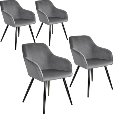 Four gray upholstered dining chairs with black legs are arranged on a white background.