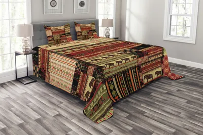 Produktbild von ABAKUHAUS afrikanisch Tagesdecke Set, Patchwork Stil Asiatische, Set mit Kissenbezügen Waschbar, für Einselbetten 220 x 220 cm, Rot Grün Schwarz