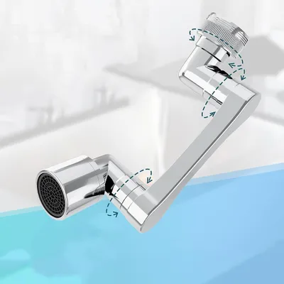 A chrome-plated faucet extender with a flexible, articulated arm, shown against a blurred white and light blue background.
