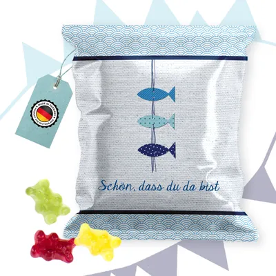 Produktbild von Fruchtgummi Tütchen Fische blau – Gastgeschenk Taufe, Kommunion und Konfirmation50 Stück