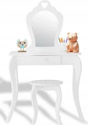 Produktbild von VBChome Schminktisch mit Spiegel und Hocker für Kinder 71 x 108 x 50 cm Weiß Schubladen MDF-Möbelplatte Vintage-Stil Kinderzimmer Dekoration